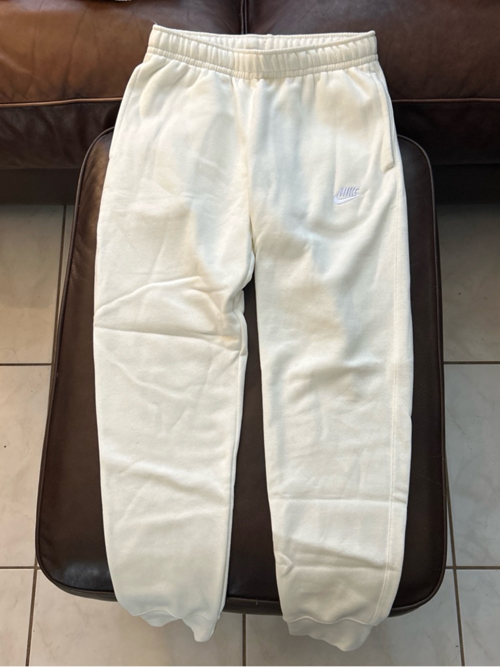 Nike Cream Drawstring Fleece Pants with Black Swoosh Tag
